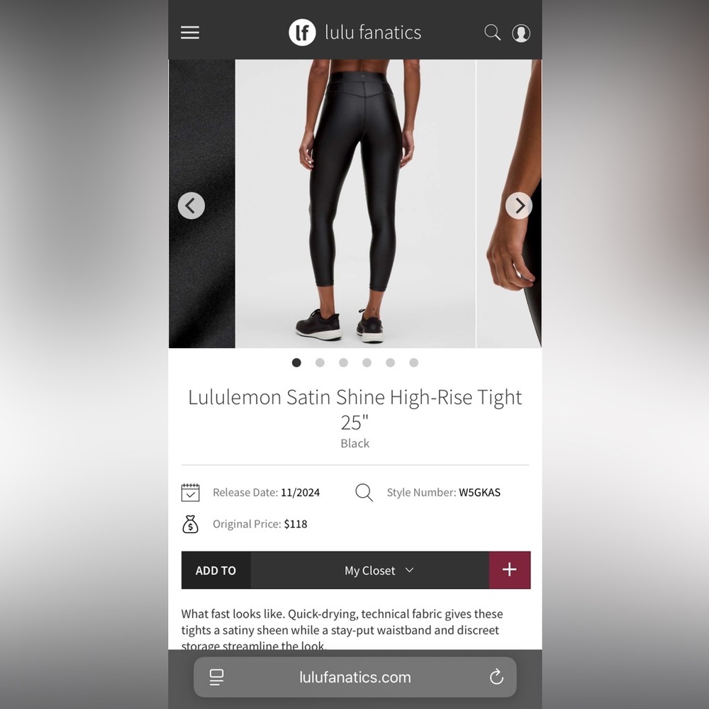 NWT Lululemon Satin Shine High-Rise Tight 25"
Black